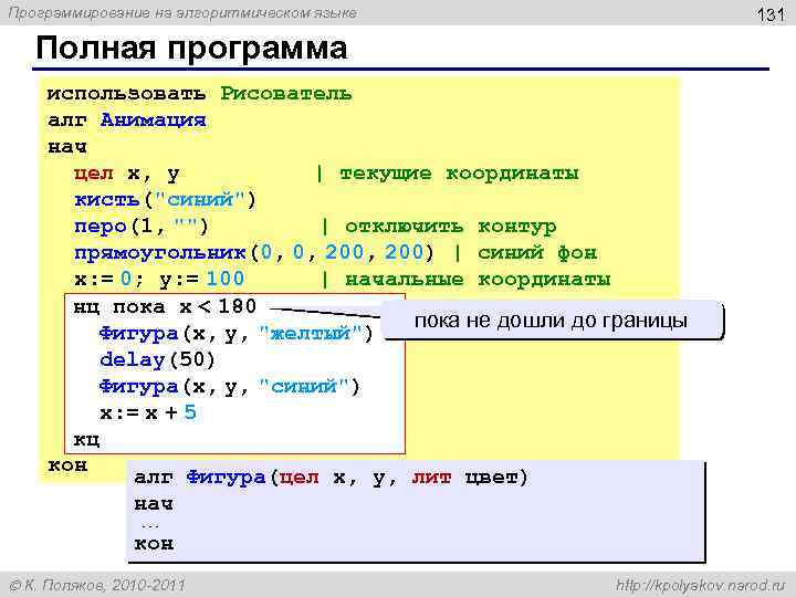 Программирование на алгоритмическом языке 131 Полная программа использовать Рисователь алг Анимация нач цел x,