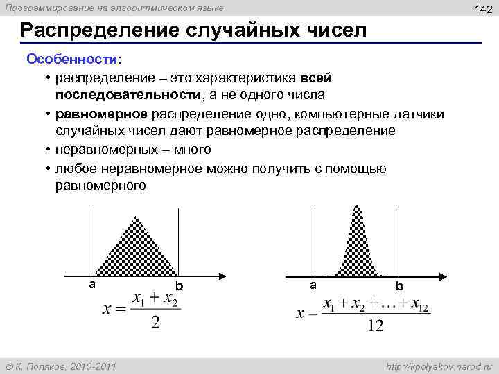 Программирование на алгоритмическом языке 142 Распределение случайных чисел Особенности: • распределение – это характеристика