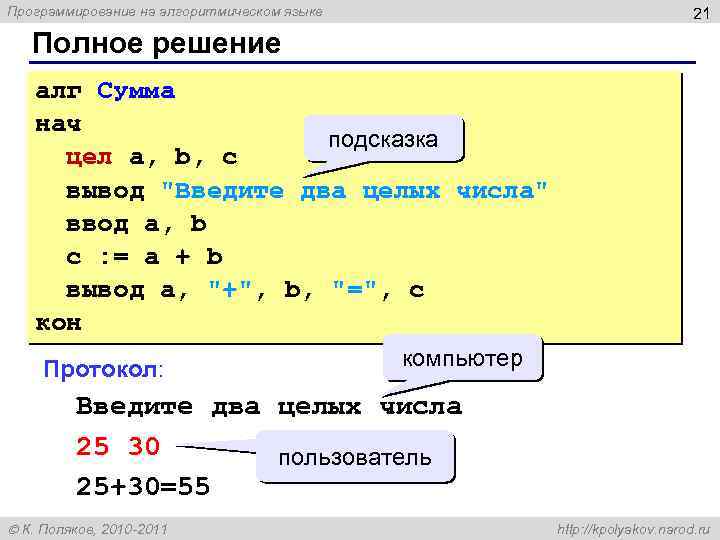 Программирование на алгоритмическом языке 21 Полное решение алг Сумма нач подсказка цел a, b,