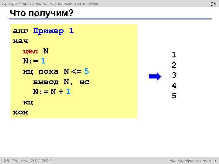 Программирование на алгоритмическом языке 64 Что получим? алг Пример 1 нач цел N N: