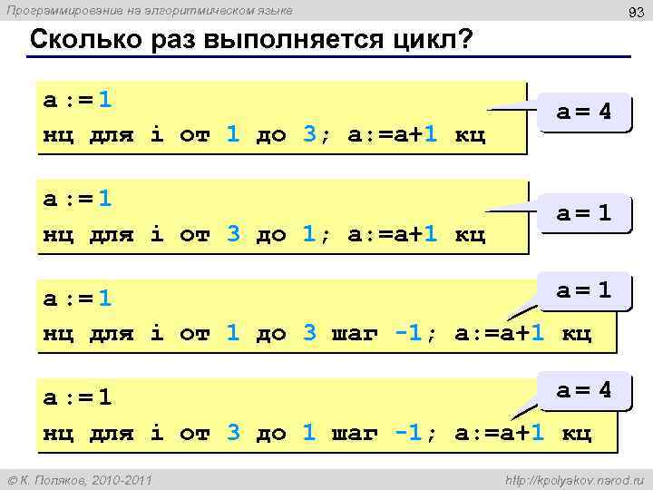 Программирование на алгоритмическом языке 93 Сколько раз выполняется цикл? a : = 1 нц