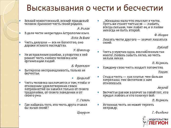 Высказывания о чести и бесчестии Всякий мужественный, всякий правдивый человек приносит честь своей родине.