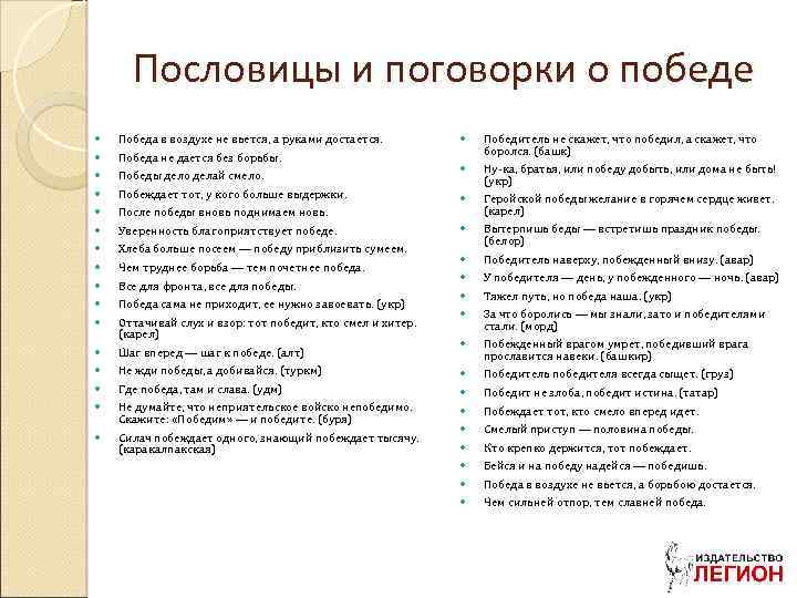 Пословицы и поговорки о победе Победа в воздухе не вьется, а руками достается. Победитель