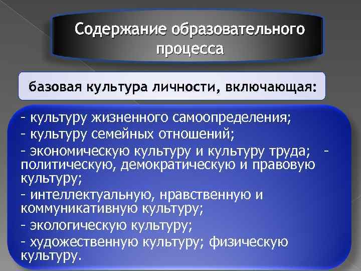 Содержание образовательного процесса базовая культура личности, включающая: культуру жизненного самоопределения; культуру семейных отношений; экономическую