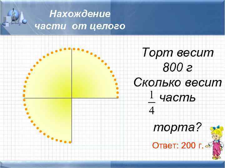 Нахождение части от целого Торт весит 800 г Сколько весит часть торта? Ответ: 200