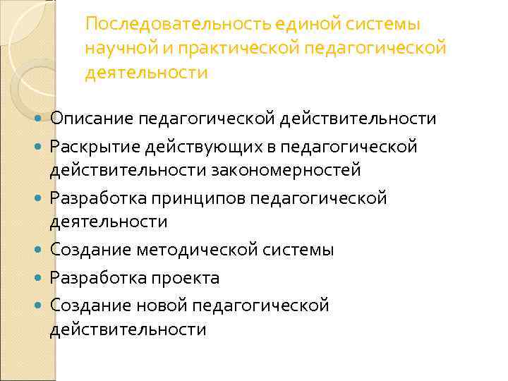 Последовательность единой системы научной и практической педагогической деятельности Описание педагогической действительности Раскрытие действующих в