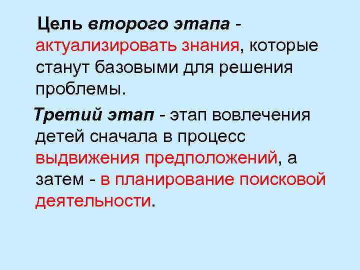 Цель второго этапа актуализировать знания, которые станут базовыми для решения проблемы. Третий этап -