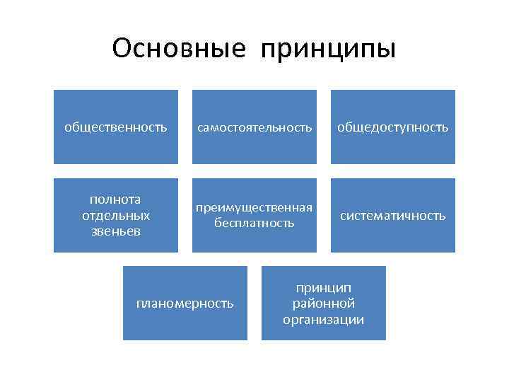 Основные принципы общественность самостоятельность общедоступность полнота отдельных звеньев преимущественная бесплатность систематичность планомерность принцип районной