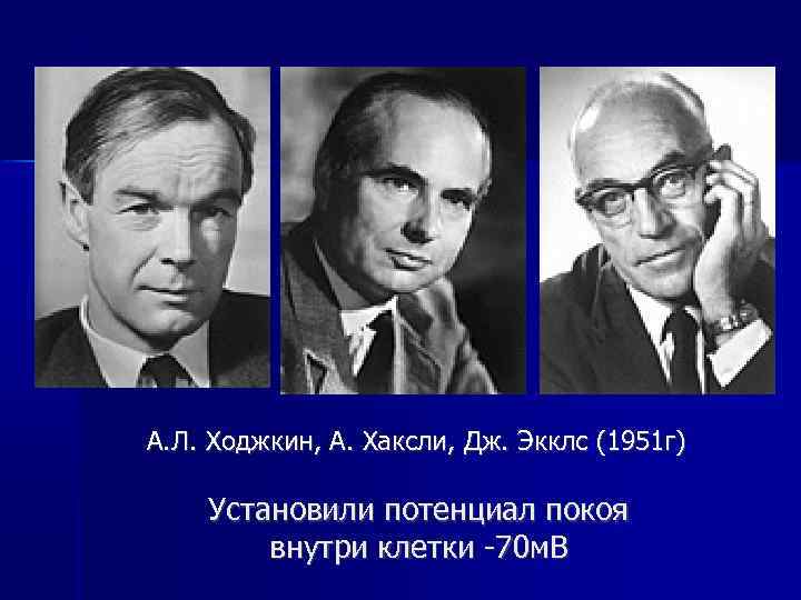 А. Л. Ходжкин, А. Хаксли, Дж. Экклс (1951 г) Установили потенциал покоя внутри клетки