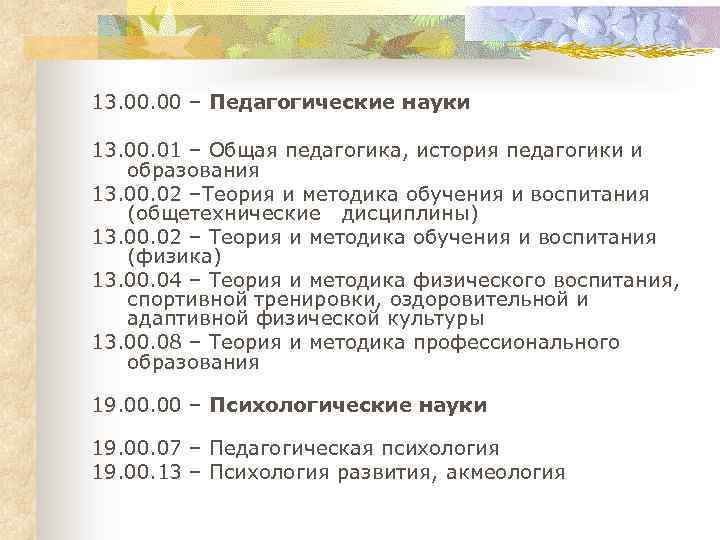 13. 00 – Педагогические науки 13. 00. 01 – Общая педагогика, история педагогики и