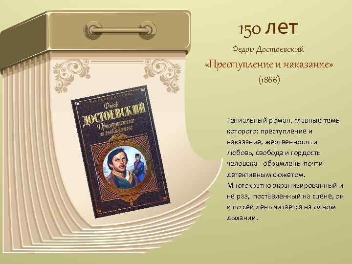 150 лет Федор Достоевский «Преступление и наказание» (1866) Гениальный роман, главные темы которого: преступление