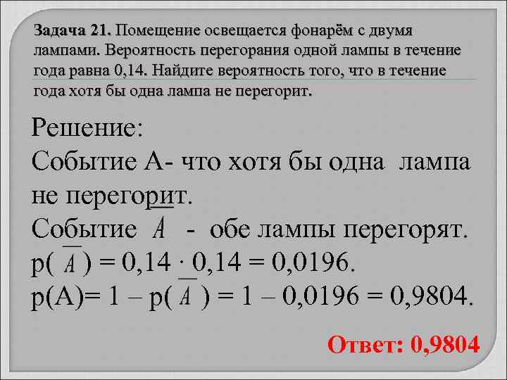Задача 21. Помещение освещается фонарём с двумя лампами. Вероятность перегорания одной лампы в течение