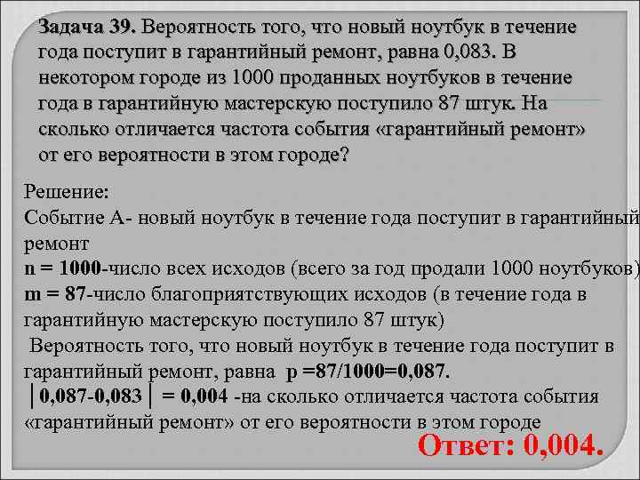 Задача 39. Вероятность того, что новый ноутбук в течение года поступит в гарантийный ремонт,