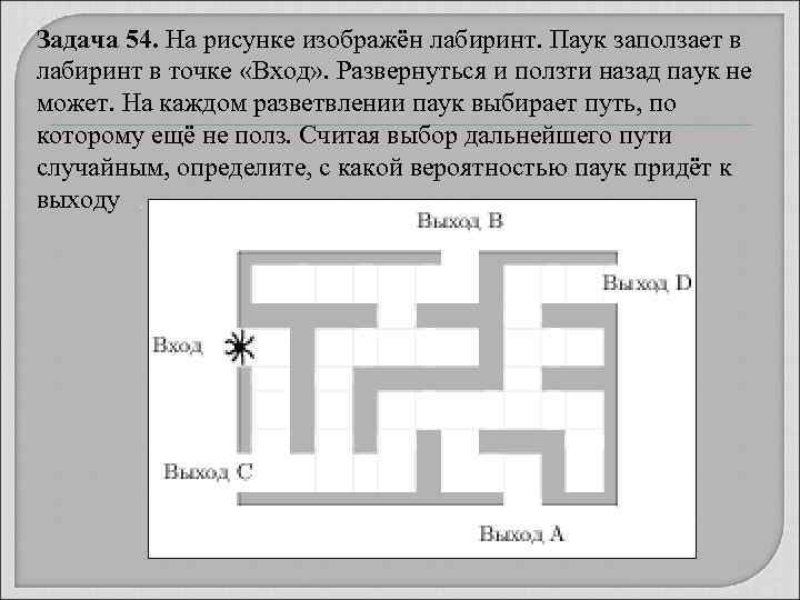Задача 54. На рисунке изображён лабиринт. Паук заползает в лабиринт в точке «Вход» .