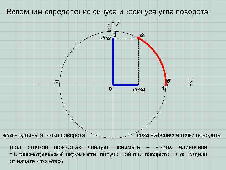 Вспомним определение синуса и косинуса угла поворота: y sin 1 0 0 sin -