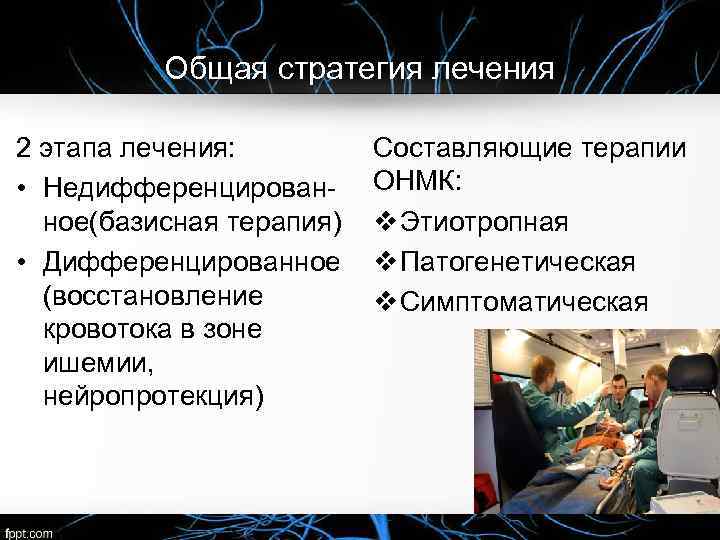 Общая стратегия лечения 2 этапа лечения: • Недифференцированное(базисная терапия) • Дифференцированное (восстановление кровотока в