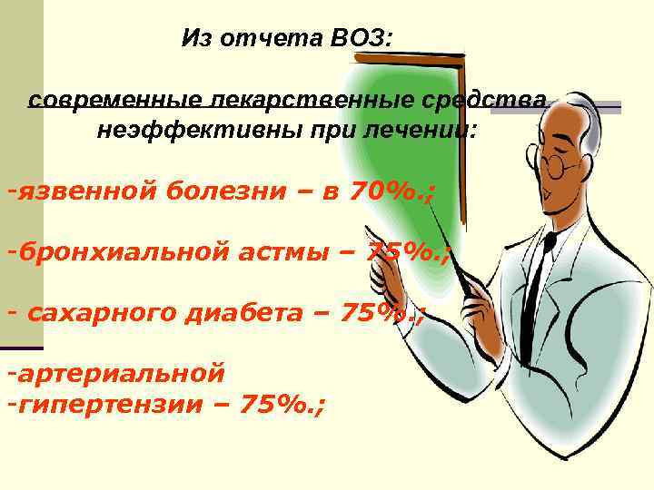 Из отчета ВОЗ: современные лекарственные средства неэффективны при лечении: -язвенной болезни – в 70%.