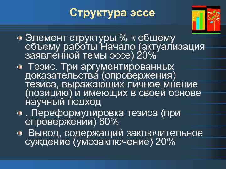 Структура эссе Элемент структуры % к общему объему работы Начало (актуализация заявленной темы эссе)