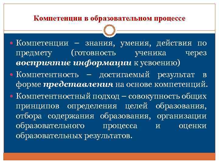 Компетенции в образовательном процессе Компетенции – знания, умения, действия по предмету (готовность ученика через