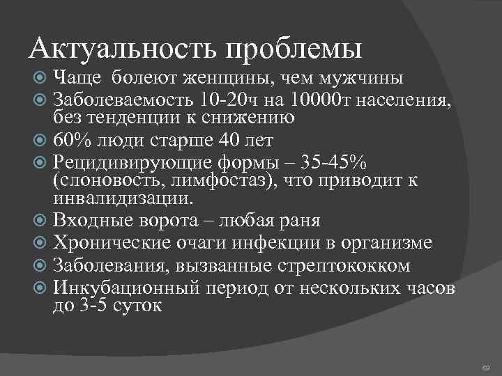 Актуальность проблемы Чаще болеют женщины, чем мужчины Заболеваемость 10 -20 ч на 10000 т
