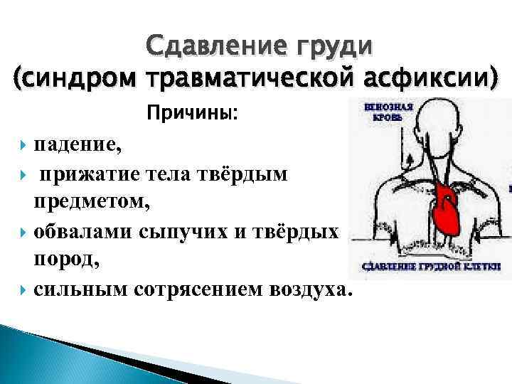 Клиника при сдавлении грудной клетки Затрудненное дыхание; Учащенный пульс; Гипотония; Цианотичная окраска кожи лица