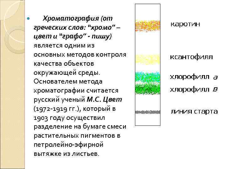  Хроматография (от греческих слов: “хромо” – цвет и “графо” - пишу) является одним