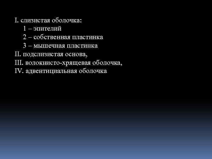 I. слизистая оболочка: 1 – эпителий 2 – собственная пластинка 3 – мышечная пластинка