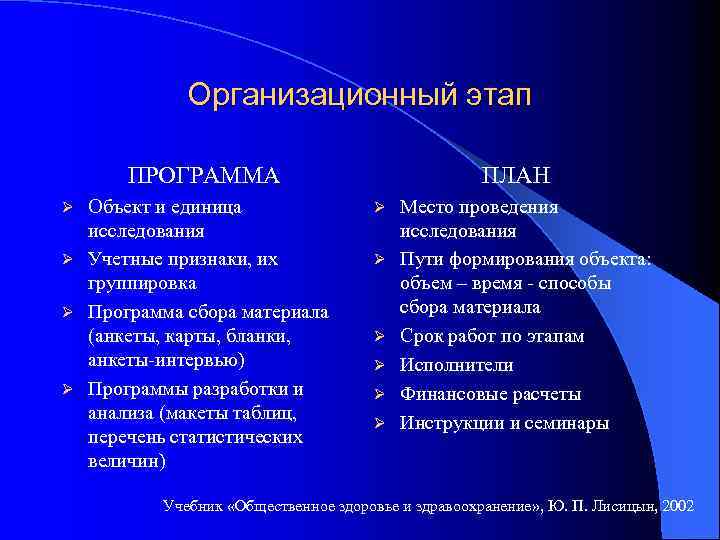 Организационный этап ПРОГРАММА Объект и единица исследования Ø Учетные признаки, их группировка Ø Программа