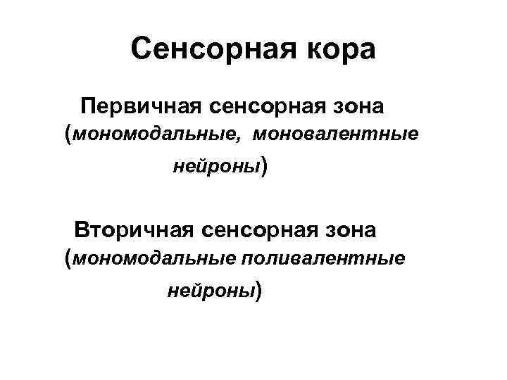 Сенсорная кора Первичная сенсорная зона (мономодальные, моновалентные нейроны) Вторичная сенсорная зона (мономодальные поливалентные нейроны)