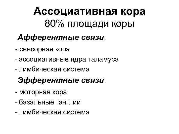 Ассоциативная кора 80% площади коры Афферентные связи: - сенсорная кора - ассоциативные ядра таламуса
