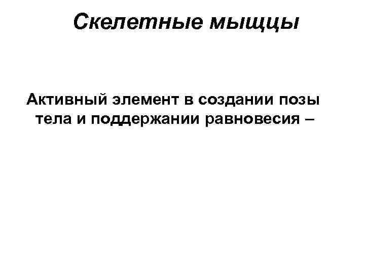 Скелетные мыщцы Активный элемент в создании позы тела и поддержании равновесия – 