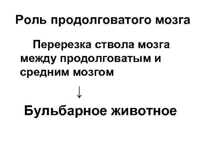 Роль продолговатого мозга Перерезка ствола мозга между продолговатым и средним мозгом ↓ Бульбарное животное