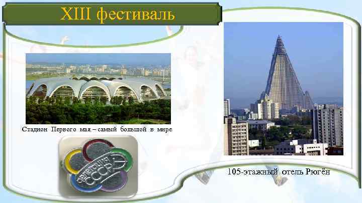 XIII фестиваль Стадион Первого мая – самый большой в мире 105 этажный отель Рюгён