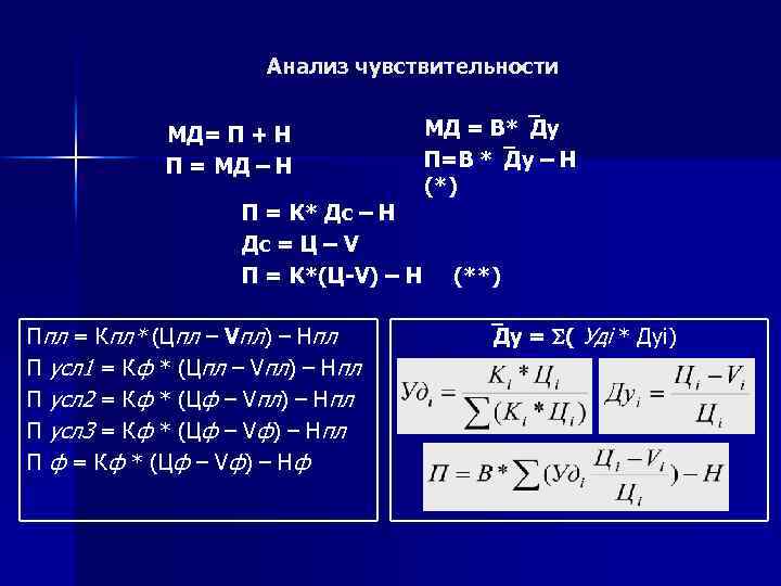 Анализ чувствительности МД= П + Н П = МД – Н П = К*