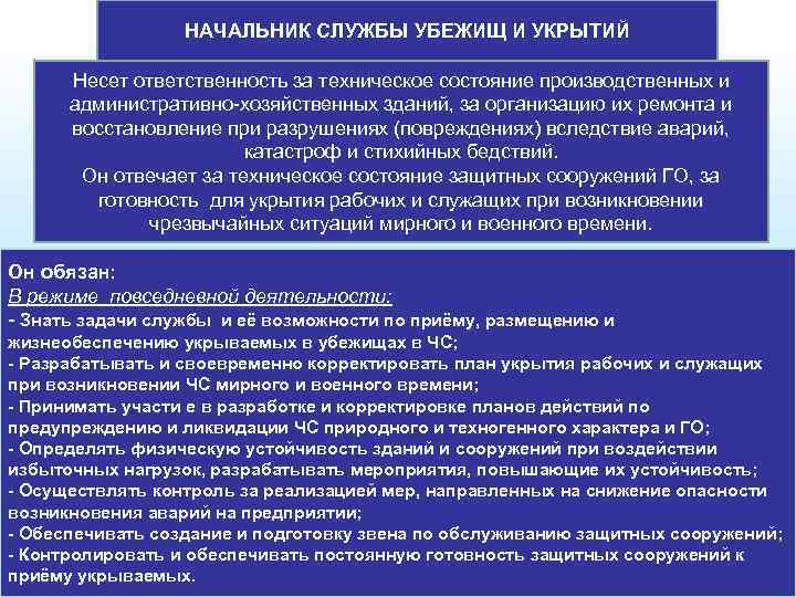 НАЧАЛЬНИК СЛУЖБЫ УБЕЖИЩ И УКРЫТИЙ Несет ответственность за техническое состояние производственных и административно-хозяйственных зданий,