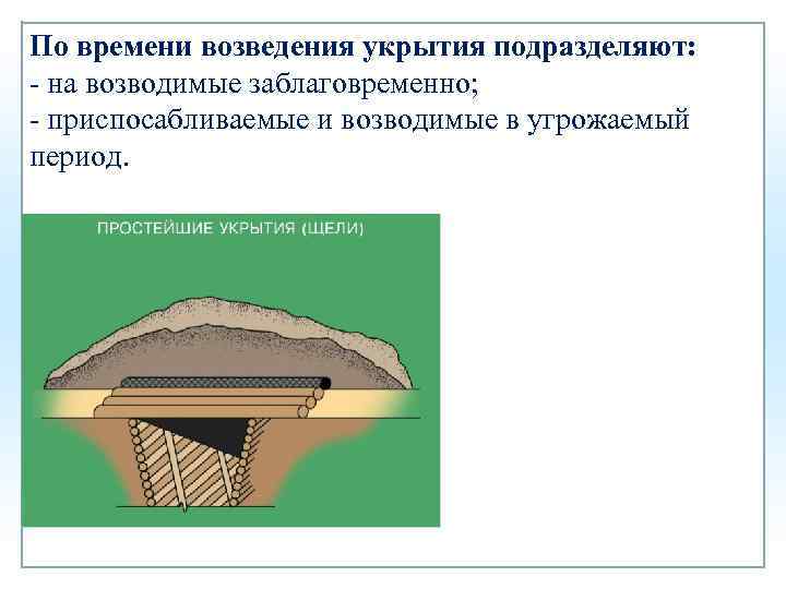 По времени возведения укрытия подразделяют: - на возводимые заблаговременно; - приспосабливаемые и возводимые в