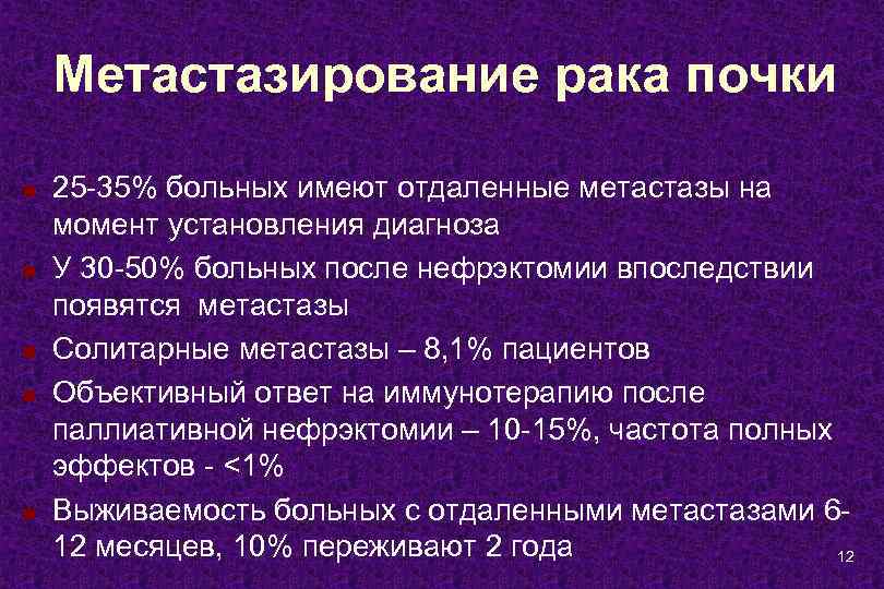 Метастазирование рака почки n n n 25 -35% больных имеют отдаленные метастазы на момент