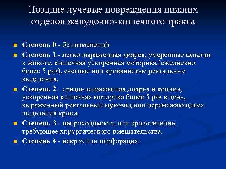 Поздние лучевые повреждения нижних отделов желудочно-кишечного тракта n n n Степень 0 - без