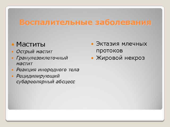 Воспалительные заболевания Маститы Острый мастит Гранулезоклеточный мастит Реакция инородного тела Рецидивирующий субареолярный абсцесс Эктазия