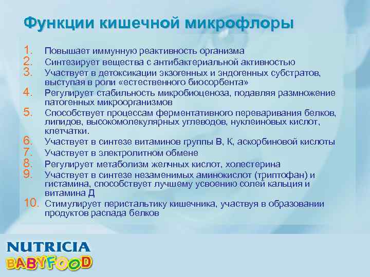 Функции кишечной микрофлоры 1. 2. 3. 4. 5. 6. 7. 8. 9. 10. Повышает