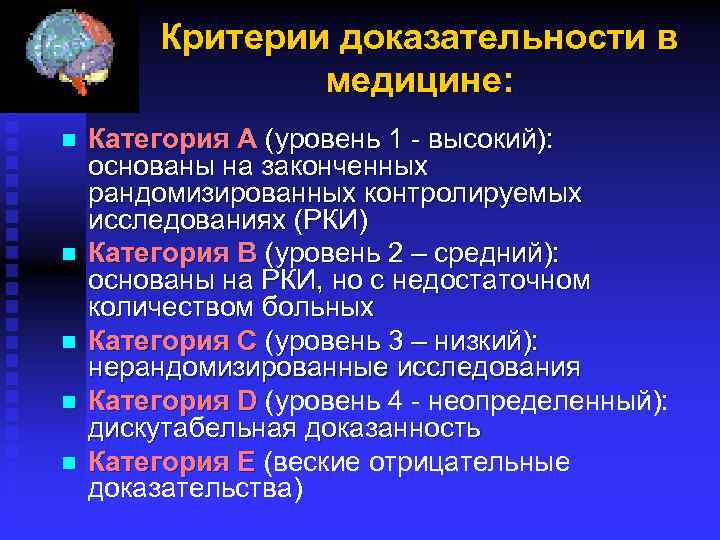 Критерии доказательности в медицине: n n n Категория А (уровень 1 высокий): основаны на
