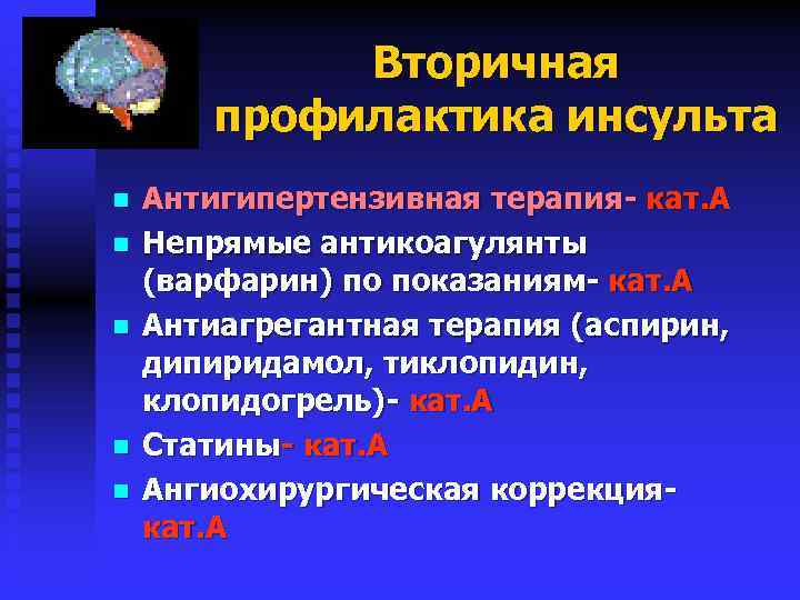 Вторичная профилактика инсульта n n n Антигипертензивная терапия- кат. А Непрямые антикоагулянты (варфарин) по