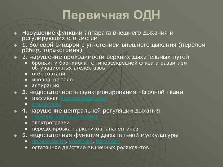 Первичная ОДН u u u Нарушение функции аппарата внешнего дыхания и регулирующих его систем