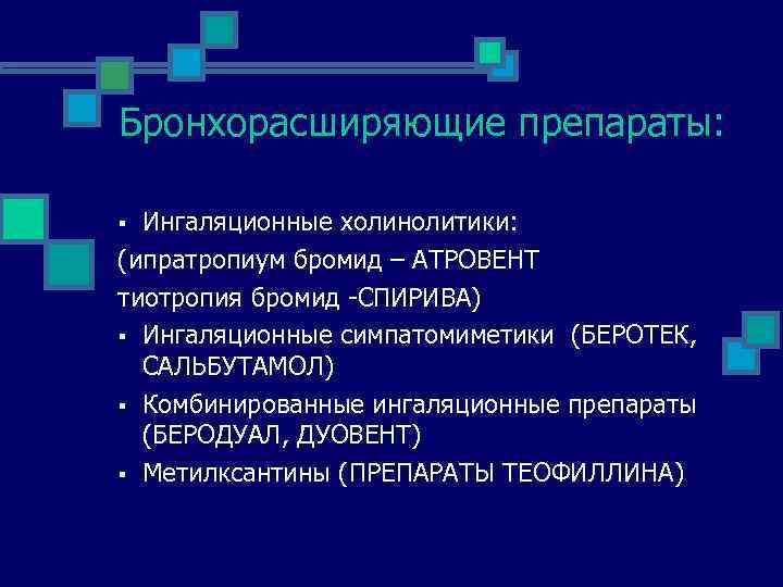 Бронхорасширяющие препараты: Ингаляционные холинолитики: (ипратропиум бромид – АТРОВЕНТ тиотропия бромид -СПИРИВА) § Ингаляционные симпатомиметики