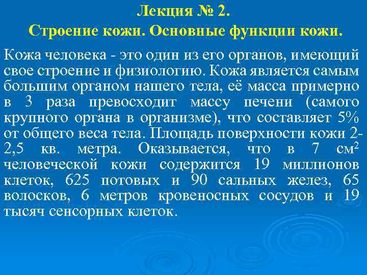 Лекция № 2. Строение кожи. Основные функции кожи. Кожа человека - это один из