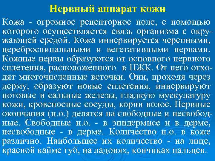 Нервный аппарат кожи Кожа - огромное рецепторное поле, с помощью которого осуществляется связь организма