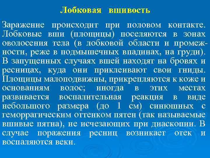 Лобковая вшивость Заражение происходит при половом контакте. Лобковые вши (площицы) поселяются в зонах оволосения