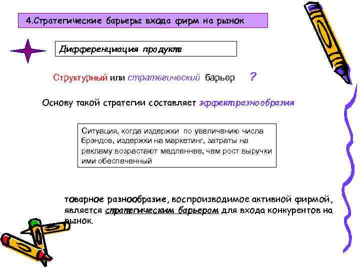 4. Стратегические барьеры входа фирм на рынок Дифференциация продукта Структурный или стратегический барьер ?