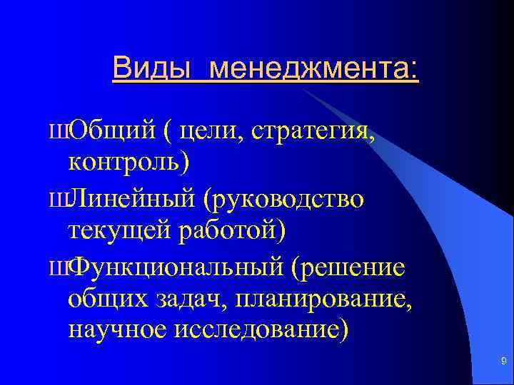 Виды менеджмента: ШОбщий ( цели, стратегия, контроль) ШЛинейный (руководство текущей работой) ШФункциональный (решение общих