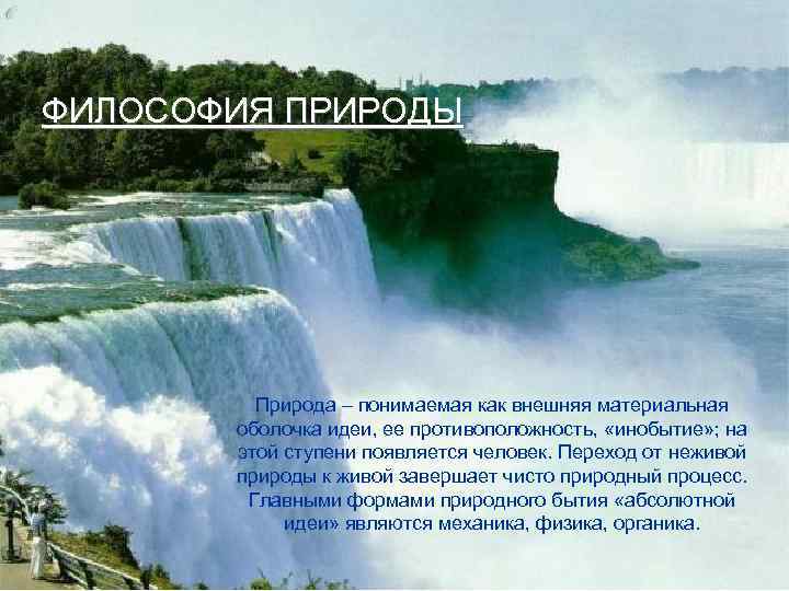 ФИЛОСОФИЯ ПРИРОДЫ Природа – понимаемая как внешняя материальная оболочка идеи, ее противоположность, «инобытие» ;